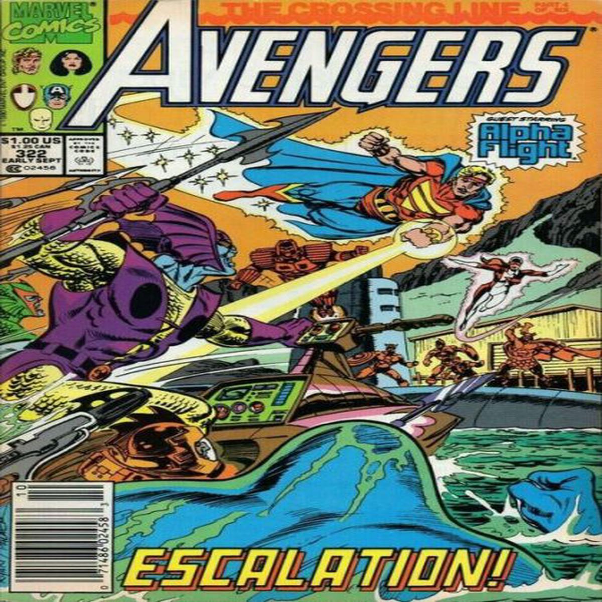 (Damaged Comic Readable/Acceptable Condtion) The Avengers, Vol. 1 The Crossing Line, Part 4: Bombs Away!; The Avengers Crew: Into the Fire | Issue#322B | Year:1990 | Series: Avengers | Pub